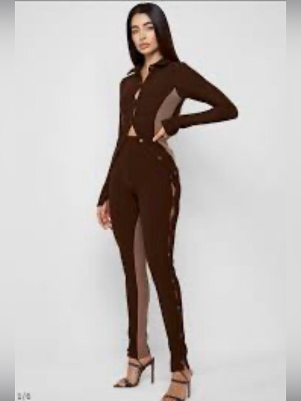 Maniere De Voir Ribbed Cardigan Cutout Long Sleeve Brown Tan Pant Sweater Set